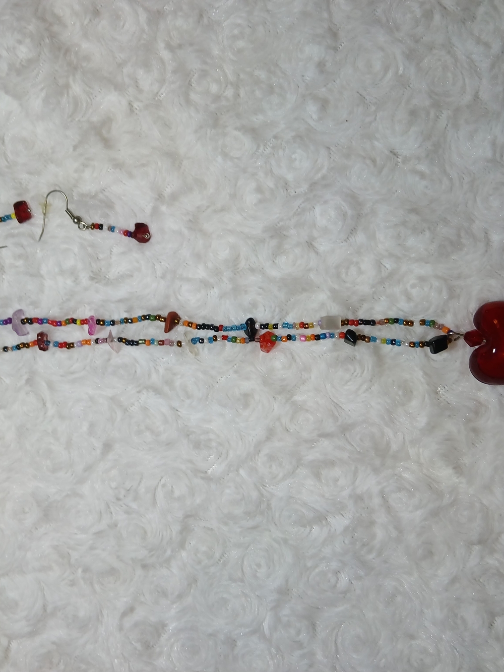 Handcrafted Multicolor Beaded Necklace and Earring Set with Red Heart Pendant
